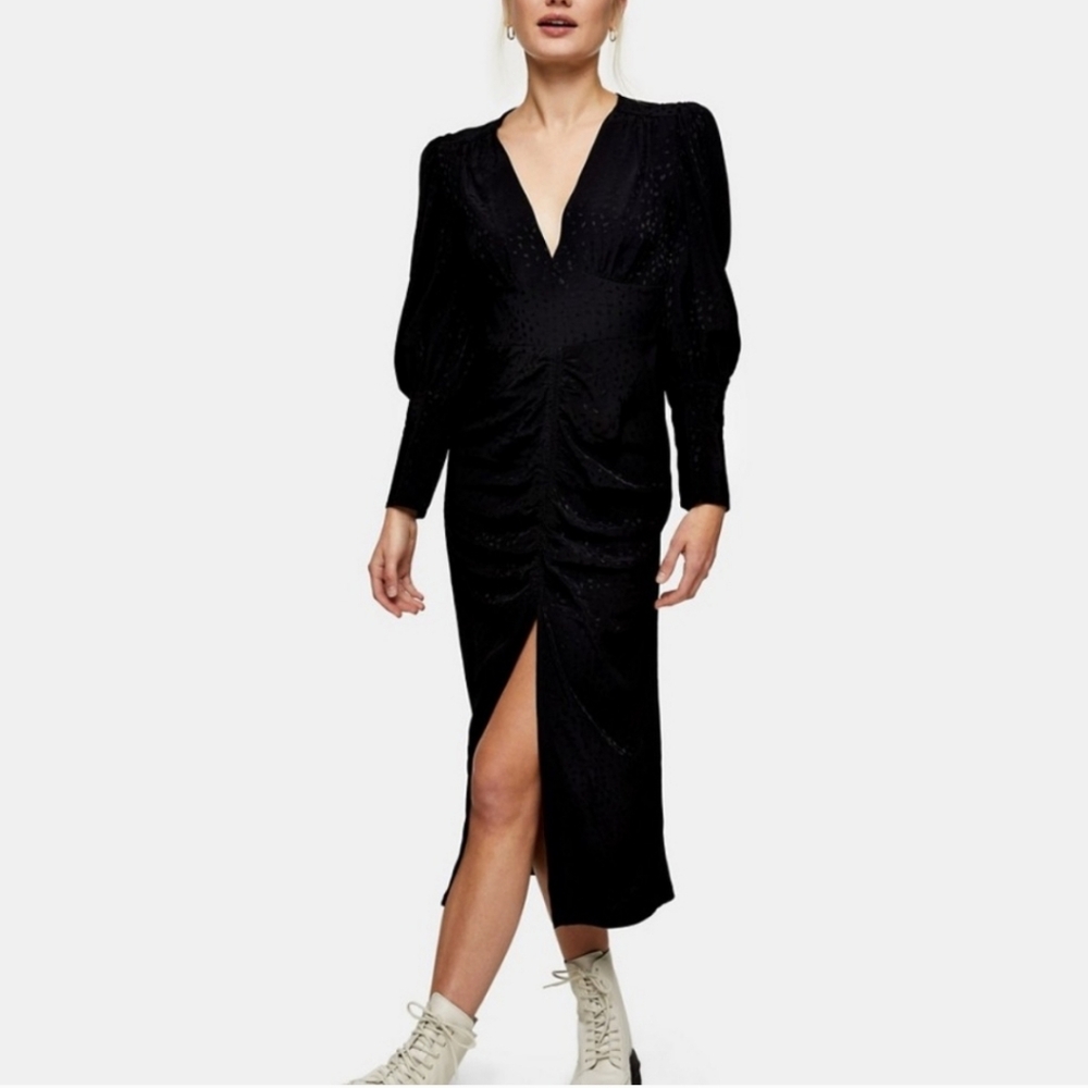 Top Shop Ruched Front Jaquard Midi Dress in Black. US size 4